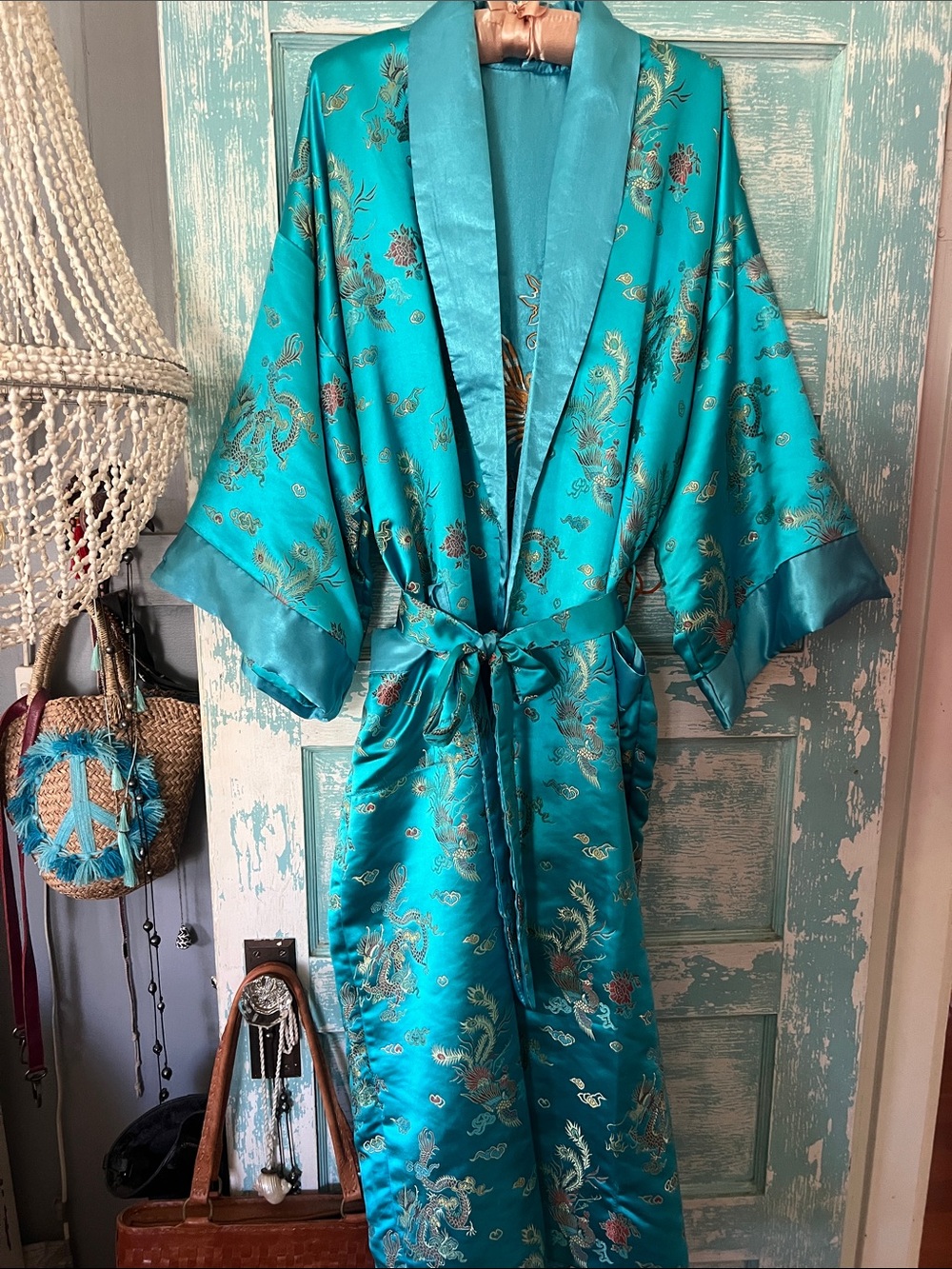 Turquoise Satin Embroidered Kimono Robe Hong Kong Chinese reversible vintage EUC